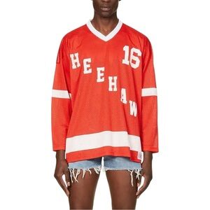 ERL Football Oversized Text-Print Woven T-Shirt - Red Heehaw Hockey Jersey Top